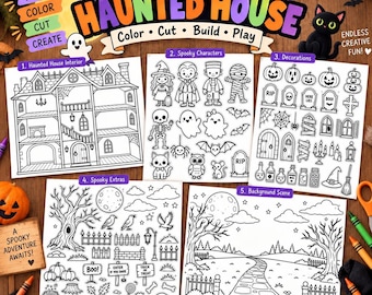 May include: A Build Your Haunted House activity set featuring five black and white coloring pages. The sheets include a haunted house interior, spooky characters, decorations, spooky extras, and a background scene with trees and a path.