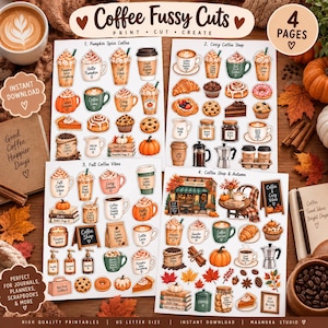 Op de afbeelding: Vier pagina's met digitale stickers met illustraties in koffiethema, waaronder diverse koffiekopjes, gebak, pompoenen, herfstbladeren en koffiescènes met tekst zoals Coffee Fussy Cuts, Print, Cut, Create en Good Coffee Happier Days.