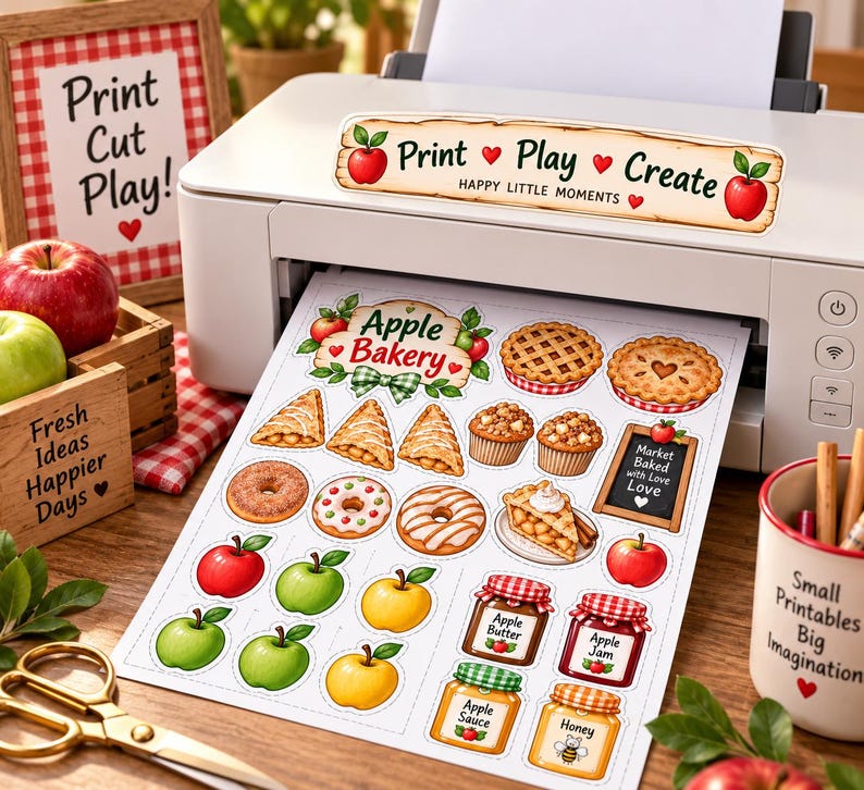 Może przedstawiać: Biała drukarka drukująca arkusz naklejek z ilustracjami Apple Bakery, w tym ciastami, babeczkami, pączkami, jabłkami oraz słoikami z etykietami Apple Butter, Apple Jam, Apple Sauce i Honey. Arkusz zawiera napis Print Play Create.