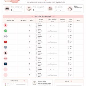 Puede incluir: Una hoja de seguimiento de suscripciones blanca con detalles en rosa, que incluye una tabla para registrar costos mensuales, anuales, fechas de renovación y suscripciones activas. Contiene iconos de servicios, leyenda y notas.