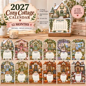 May include: A 2027 Cozy Cottage calendar featuring 12 monthly pages with illustrated cottage scenes. Each page displays a unique seasonal house design, a monthly calendar grid, and the year 2027. The set includes a wooden stand and a printable format.