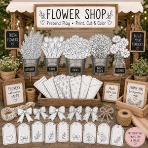 May include: A pretend play flower shop kit featuring a wooden stand with a sign reading FLOWER SHOP, buckets labeled lavender, tulips, roses, baby's breath, and cosmos, paper flower cones, decorative bows, and tags with line art illustrations.