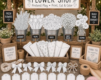 Może przedstawiać: Zestaw do zabawy w kwiaciarnię z drewnianym stojakiem, szyldem FLOWER SHOP, wiaderkami z etykietami lavender, tulips, roses, baby's breath i cosmos, papierowymi rożkami na kwiaty, ozdobnymi kokardkami oraz zawieszkami z ilustracjami.