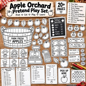 Peut inclure: Un ensemble de jeu de rôle Apple Orchard à imprimer en noir et blanc comprenant un panier, une caisse enregistreuse, de la monnaie fictive, des bons de commande, des reçus, des cartes de fidélité et divers panneaux et badges sur le thème des pommes.
