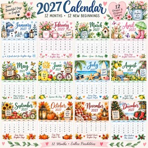 May include: A 2027 wall calendar featuring 12 monthly pages with seasonal illustrations. Each month displays a grid of dates, floral accents, and thematic graphics like a snowman, flowers, beach scenes, pumpkins, and a Christmas tree with text.