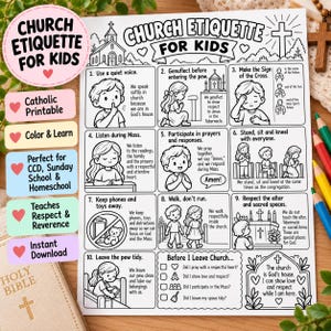 Puede incluir: Una hoja de actividades imprimible en blanco y negro titulada Church Etiquette for Kids, que presenta diez paneles ilustrados con instrucciones sobre el comportamiento durante la misa, incluyendo oración, silencio y respeto, además de una lista de verificación.