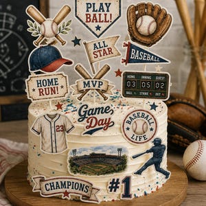 May include: A round white frosted cake decorated with baseball-themed paper toppers including a baseball, glove, bats, a stadium, a jersey with number 23, a scoreboard, and text reading Play Ball, All Star, Home Run, MVP, Game Day, and Champions.