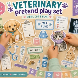 Pode incluir: Um conjunto de brincar de veterinário com mais de 60 peças imprimíveis, incluindo um cachorrinho, um gatinho, um coelho, fichas de pacientes, instrumentos médicos como estetoscópio e termómetro, ração e placas Vet Clinic e Pay Here.