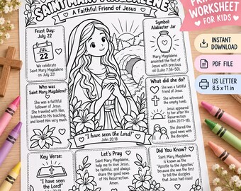 Saint Mary Magdalene Catholic Worksheet for Kids, Printable Coloring Page, Bible Activity, Religious Education, Sunday School PDF