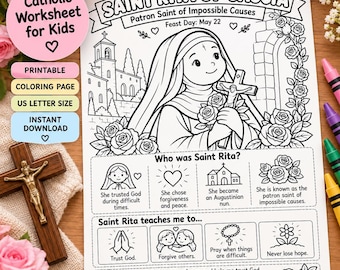 May include: A printable black and white coloring worksheet titled Saint Rita of Cascia, Patron Saint of Impossible Causes. The page features a line art illustration of Saint Rita holding a crucifix and roses, with educational text and icons.