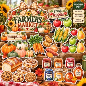 Puede incluir: Una colección de recortes de papel imprimibles que incluye un letrero de mercado de agricultores, calabazas, zanahorias, manzanas, peras, maíz, patatas, pan, rollos de canela, galletas y tarros de mermelada, miel y jarabe de arce con etiquetas de manzana, calabaza y fresa.