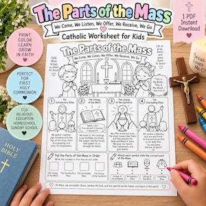 May include: A white paper worksheet titled The Parts of the Mass featuring black line art illustrations of children, a priest, and religious symbols. The worksheet includes four numbered sections, a matching activity, and text explaining Catholic liturgy.
