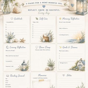 Puede incluir: Un paquete de diario diario imprimible con nueve páginas de temas costeros. El texto incluye Ultimate Daily Journal Printable Pack, 9 Pages For A More Mindful You, Reflect. Grow. Be Grateful. Every day y varios encabezados de sección.