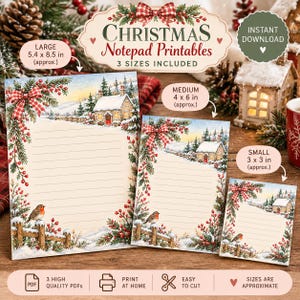 Puede incluir: Tres blocs de notas navideños imprimibles en tamaños de 13,7 x 21,6 cm, 10,2 x 15,2 cm y 7,6 x 7,6 cm. Cada uno muestra una escena invernal con una cabaña de piedra, nieve, ramas de pino, bayas rojas y un petirrojo sobre una valla de madera.