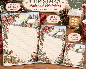 Blocco note natalizio stampabile, cancelleria invernale in stile cottagecore con tema bosco, carta da lettere natalizia, 3 formati, note natalizie ad acquerello in formato PDF