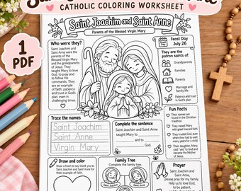 May include: A black and white Catholic coloring worksheet titled Saint Joachim and Saint Anne, featuring illustrations of the saints with the Virgin Mary, sections for tracing names, a family tree, a prayer, and fun facts about the feast day.