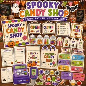 以下が含まれることがあります： Spooky Candy Shopの印刷可能なごっこ遊びセット。カラフルな看板、値札、おもちゃのお金、注文リスト、レジ、キャンディ、お化け、カボチャ、コウモリのイラストが含まれており、Spooky Candy Shopというテキストが記載されています。