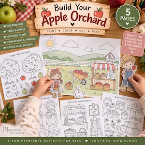 Build Your Apple Orchard Printable, Fall Kids Activity, Apple Picking Pretend Play, Color Cut and Paste Craft, Preschool Autumn Activity