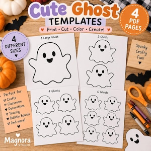 Könnte beinhalten: Vier druckbare PDF-Seiten mit Geistervorlagen in unterschiedlichen Anzahlen. Die Seiten enthalten die Texte: Cute Ghost Templates, 4 PDF Pages, 4 Different Sizes, 1 Large Ghost, 2 Ghosts, 4 Ghosts, 6 Ghosts und Spooky Crafty Fun.