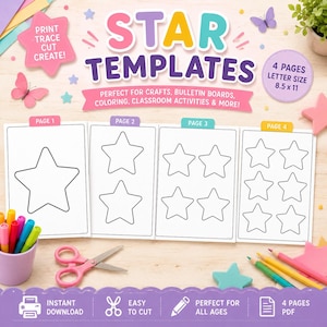 Op de afbeelding: Een digitale downloadset met stervormige sjablonen bestaande uit vier pagina's van 8,5 x 11 inch. Elke pagina toont zwart omlijnde stervormen in verschillende groottes. De tekst luidt STAR TEMPLATES, PRINT TRACE CUT CREATE en 4 PAGES LETTER SIZE 8.5 x 11.