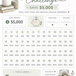 Puede incluir: Un rastreador de ahorros de 52 semanas impreso en papel blanco. El encabezado dice 52 WEEK SAVINGS Challenge SAVE $5,000. Incluye una cuadrícula con círculos numerados del 1 al 52, montos en dólares, una meta de $5,000, campos de fecha, una sección de ahorro total y un área para notas.