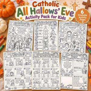 May include: A Catholic All Hallows' Eve activity pack for kids featuring six printable pages with black and white illustrations of saints, religious symbols, and interactive games like Dress Like a Saint, Who Am I, and Choose Holiness.