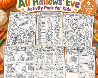 May include: A Catholic All Hallows' Eve activity pack for kids featuring six printable pages with black and white illustrations of saints, religious symbols, and interactive games like Dress Like a Saint, Who Am I, and Choose Holiness.