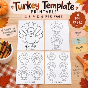 May include: A printable turkey template featuring four white sheets with black line art illustrations of turkeys in varying quantities per page, labelled 1, 2, 4, and 6 per page, with text including Turkey Template, 4 PDF Pages, Colour, Cut, Create.