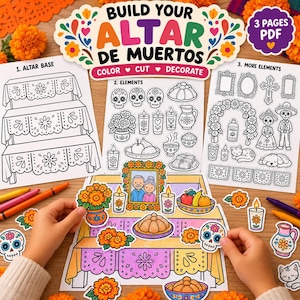 Könnte beinhalten: Ein druckbares PDF-Aktivitätsset zum Basteln eines Altar de Muertos aus Papier. Enthält drei Seiten mit schwarz-weißen Strichzeichnungen, darunter eine gestufte Altarbasis, Zuckerschädel, Studentenblumen, Kerzen, Speisen und Figuren zum Ausmalen.