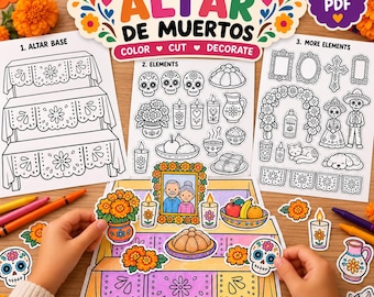 May include: A printable PDF activity set for building a paper Altar de Muertos. Includes three pages of black and white line art featuring a tiered altar base, sugar skulls, marigold flowers, candles, food, and figures to color, cut, and decorate.