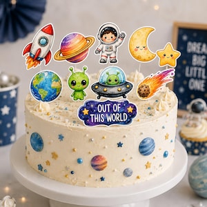 Space Cake Toppers Printable | Outer Space Birthday Party Decorations | Astronaut Rocket Planet Cupcake Toppers | Instant Download