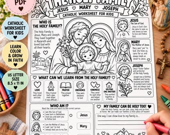 May include: A black and white printable PDF worksheet titled The Holy Family featuring illustrations of Jesus, Mary, and Joseph. The page includes educational text, a matching activity, and a writing prompt for kids, measuring 8.5 by 11 inches.