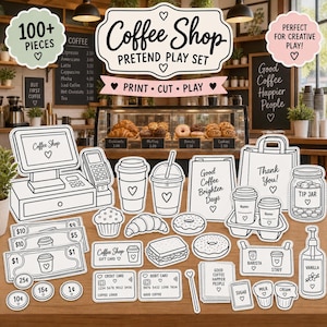 May include: A printable coffee shop pretend play set featuring black and white line art illustrations of a cash register, paper cups, pastries, donuts, a tip jar, play money, credit cards, and signage with text including Coffee Shop and Thank You.