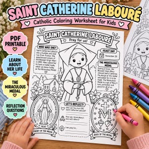 May include: A black and white Saint Catherine Labouré coloring worksheet featuring a central illustration of the saint, text boxes detailing her life, the Miraculous Medal, and reflection questions. The page includes floral accents and religious symbols.