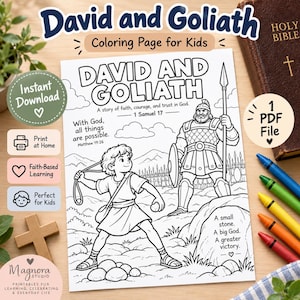 Puede incluir: Una página para colorear en blanco y negro con David y Goliat con el texto David and Goliath, A story of faith, courage, and trust in God, 1 Samuel 17, With God, all things are possible, Matthew 19:26, y A small stone. A big God. A greater victory.