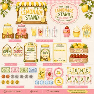 Peut inclure: Un ensemble imprimable pour stand de limonade comprenant des illustrations de distributeurs de boissons, gobelets, pailles, cupcakes, pop-corn, panneaux, menu, bons de commande, bocaux à pourboires, caisses de citrons et fraises, monnaie.
