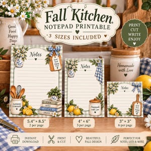 May include: Three printable notepads with a green gingham border and floral accents. The designs feature illustrations of kitchen items, lemons, and the text 'Notes'. Sizes include 13.7 x 21.6 cm, 10.2 x 15.2 cm, and 7.6 x 7.6 cm with labels.