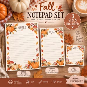 May include: A Fall Notepad Set featuring three sizes of lined paper with autumn-themed illustrations of pumpkins, mushrooms, acorns, and leaves. The text reads Fall NOTEPAD SET, 3 SIZES INCLUDED, and labels for Large 5.4 x 8.5 in, Medium 4 x 6 in, and Mini 3 x 3 in.