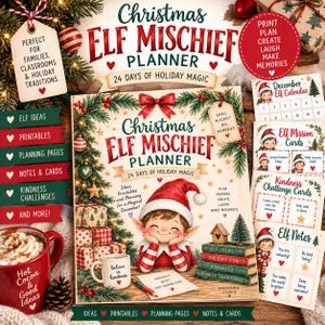 Könnte beinhalten: Ein Christmas Elf Mischief Planner Buch mit einer lächelnden Elfenillustration, roten und grünen Geschenken und einem Bücherstapel. Enthält druckbare Karten, einen Elfenkalender und Missionskarten mit dem Text '24 Days of Holiday Magic'.