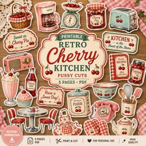 Puede incluir: Una colección de ilustraciones de cocina retro con temática de cerezas para imprimir, que incluye cafetera, tostadora, radio, teléfono, bote de harina, mermelada de cereza, libro de recetas, batido y utensilios de cocina sobre madera.