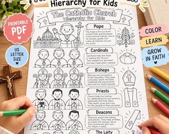 May include: A black and white printable PDF educational worksheet titled The Catholic Church Hierarchy for Kids. It features line art illustrations of the Pope, cardinals, bishops, priests, deacons, and the laity, with descriptive text for each role.