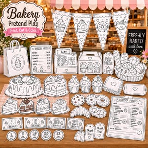 Puede incluir: Un set de juego de panadería para imprimir con dibujos de líneas en blanco y negro de pasteles, cupcakes, donas, una caja registradora, un menú, formularios de pedido y dinero de juguete. Incluye banderines, una bolsa y pan.