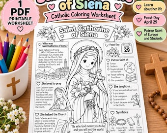May include: A printable Catholic coloring worksheet featuring Saint Catherine of Siena. The page includes biographical text, a central illustration of the saint holding a crucifix and lilies, sections for feast day, patron saint facts, and symbols.