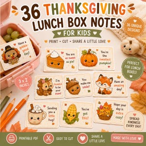 36 Thanksgiving-Lunchbox-Grüße für Kinder, druckbare Lunchbox-Karten, niedliche Kawaii-Herbstgrüße, Motivationskarten für die Schule, Sofort-Download