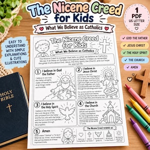 Op de afbeelding: Een printbaar educatief werkblad getiteld The Nicene Creed for Kids, met zwart-wit lijntekeningen van religieuze figuren, een kerk en een duif, met tekst die de katholieke geloofspunten uitlegt op een vel papier.
