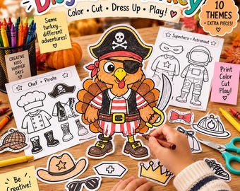 May include: A Disguise the Turkey activity set featuring a colored turkey cutout dressed as a pirate, surrounded by various paper costume accessories, coloring sheets, crayons in a holder, and scissors on a wooden surface for creative play.