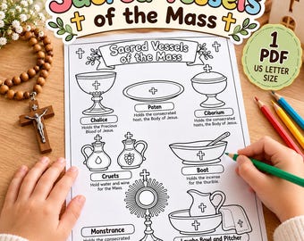 Könnte beinhalten: Eine ausdruckbare Malvorlage mit dem Titel Sacred Vessels of the Mass, die Strichzeichnungen eines Kelchs, einer Patene, eines Ziboriums, von Kännchen, eines Schiffchens, einer Monstranz sowie einer Lavaboschale zeigt.