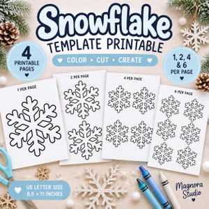 Puede incluir: Un conjunto de plantillas de copos de nieve imprimibles que incluye cuatro páginas con un número variable de copos por página. El texto dice Snowflake Template Printable, 4 Printable Pages, 1, 2, 4 & 6 Per Page y US Letter Size 8.5 x 11 Inches.