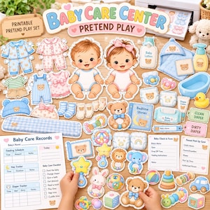 May include: A printable pretend play set titled Baby Care Center featuring two illustrated babies, various outfits, baby care accessories like bottles, nappies, rattles, a bathtub, a rubber duck, and printed forms including Baby Care Records and check-in sheets.