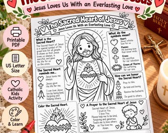 May include: A black and white printable activity sheet titled The Sacred Heart of Jesus, featuring illustrations of Jesus, a heart with flames, and a crown of thorns. The page includes educational text, a prayer, and sections for coloring and tracing.